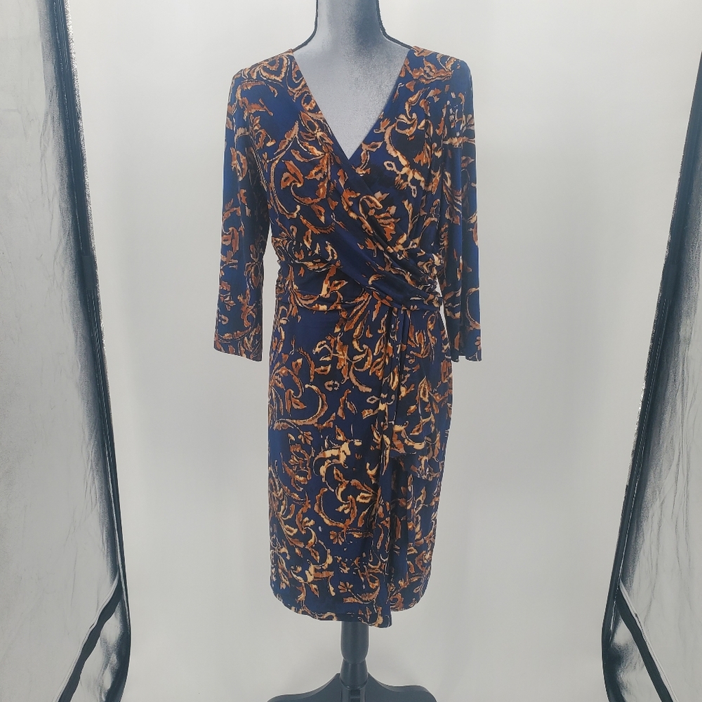 Chaps Baroque Scrolled Pattern Blue with Gold  Faux Wrap Dress Size Large